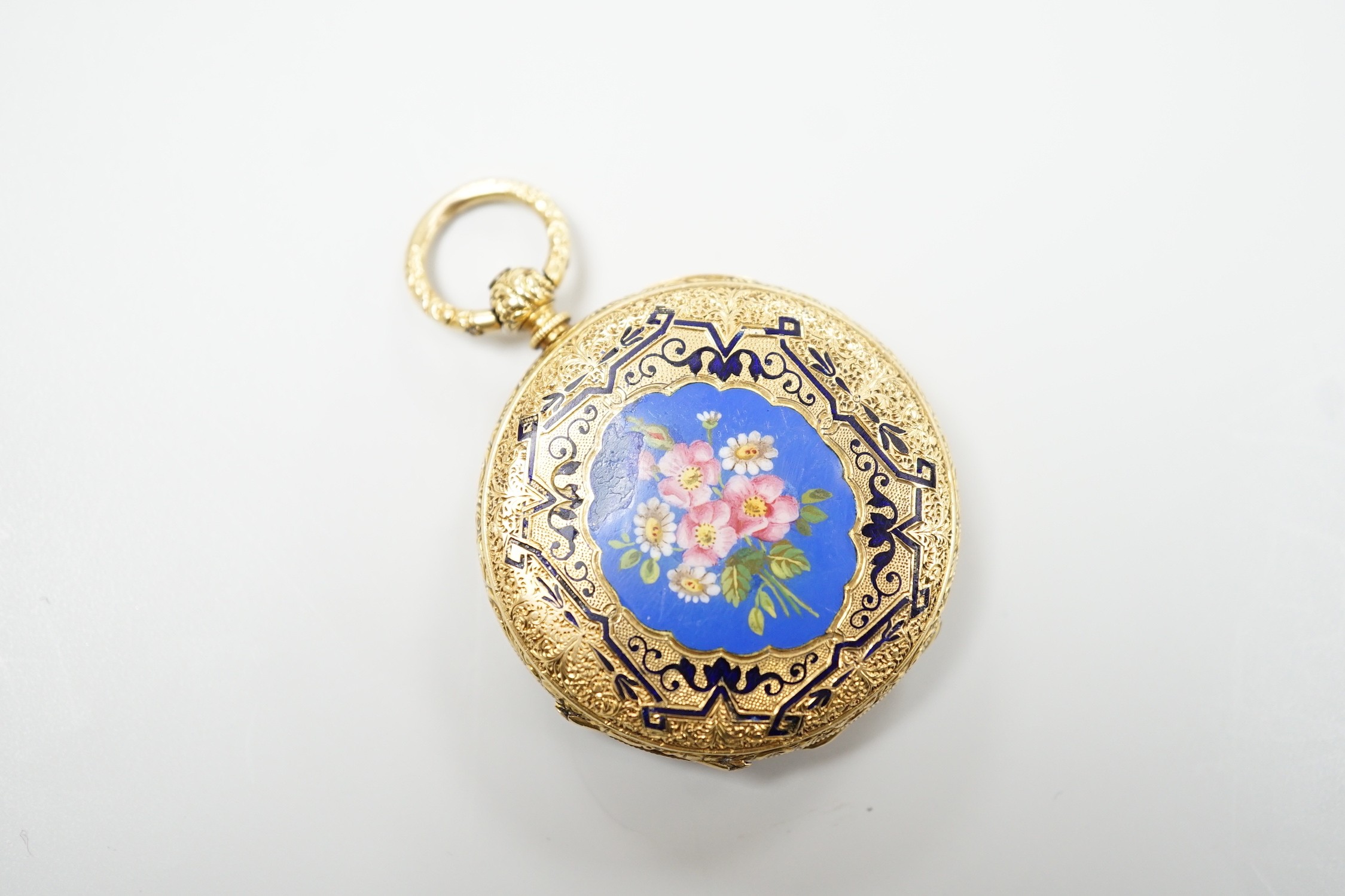 An early 20th century Swiss 18k and enamelled fob watch, decorated with the bust of a young girl and flowers verso, case diameter 33mm, gross weight 27.3 grams.